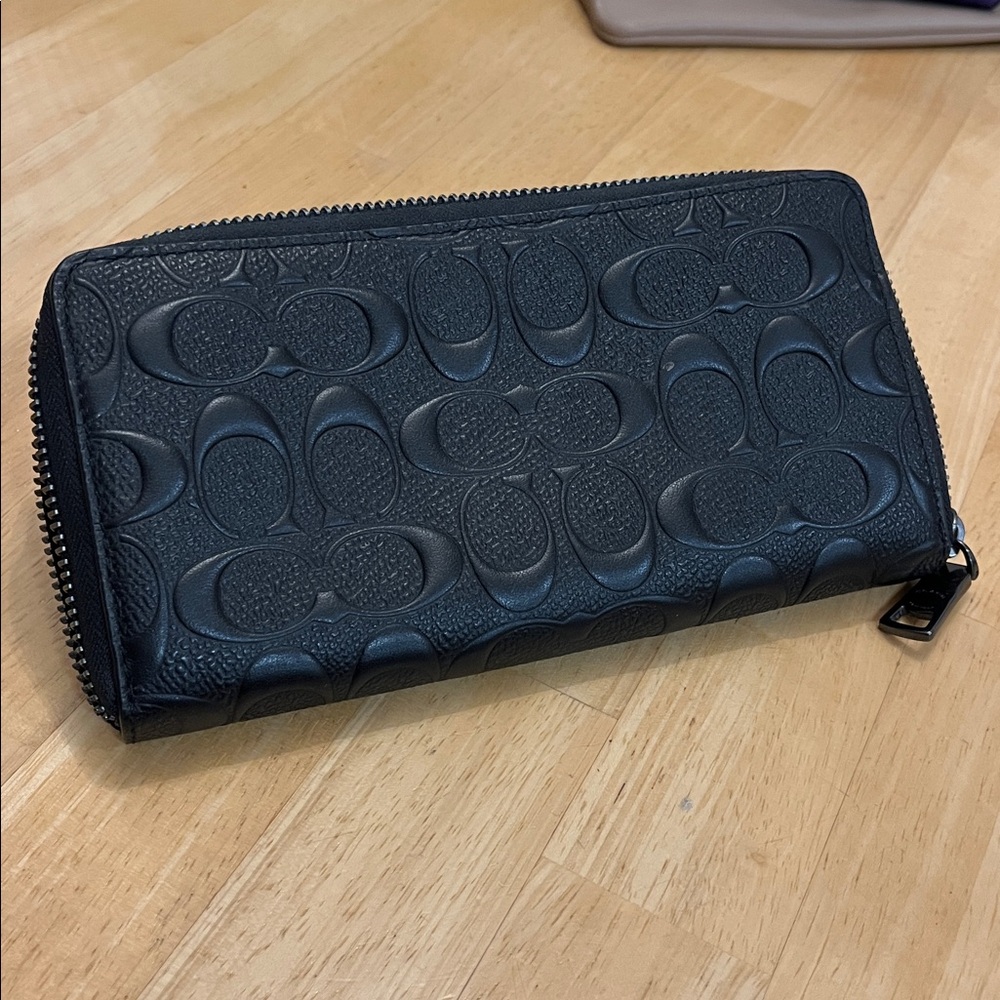Coach Black Signature Embossed Zip Around Wallet